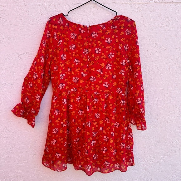 Free People Red Floral Smocked Puff Sleeve Mini Babydoll Chiffon Dress - Picture 3 of 4